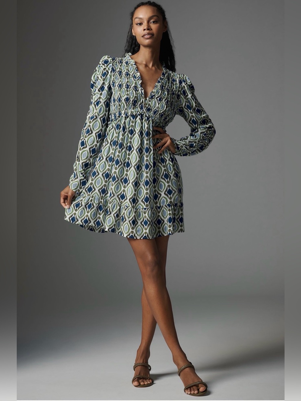 NWT By Anthropologie Long-Sleeve V-Neck Ruffle Mini Dress Blue green XS $158